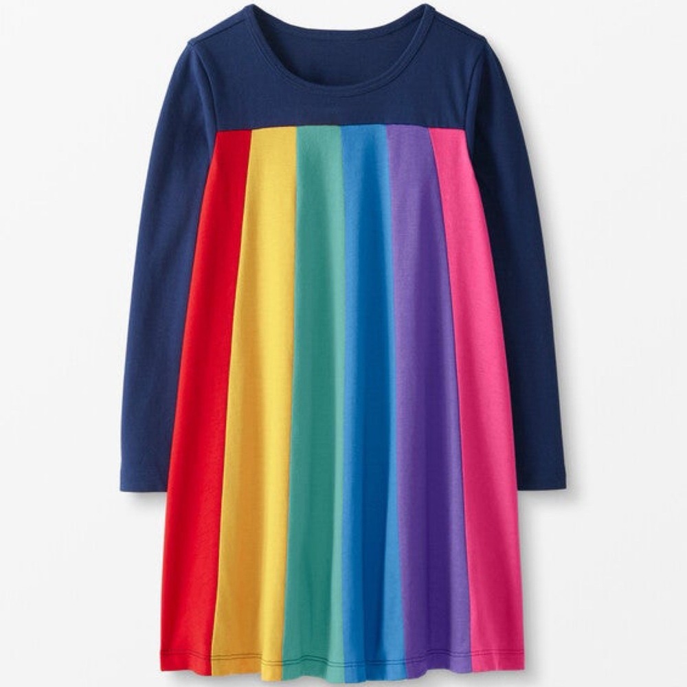 Hanna Andersson Sz 12/150CM Rainbow Striped Swing‎ Dress Long Sleeve 100% Cotton